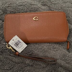 Coach Leather Zip Wristlet in Cognac Brown with Gold Hardware